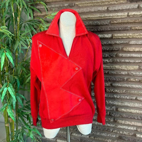 Vintage 80s Red Bling Collared 100% Cotton Sweater by RSB Size Large - Picture 9 of 9
